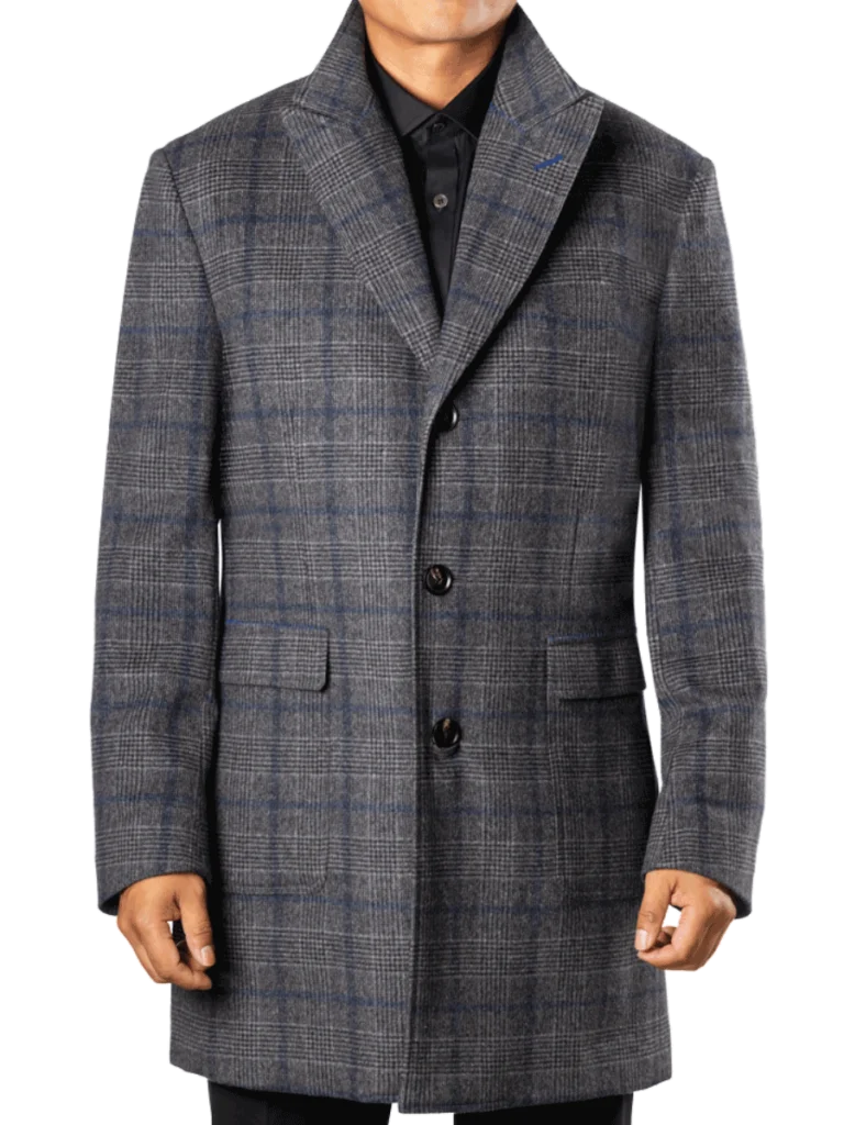 Balani Custom overcoat in gray with blue windowpane.