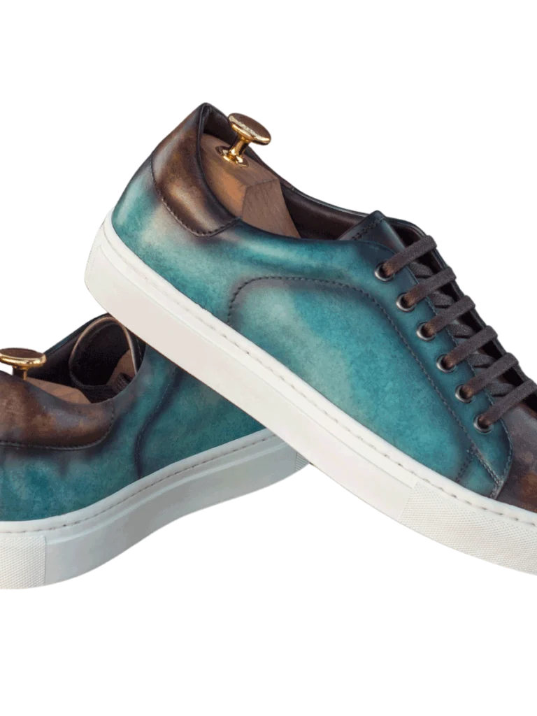 Balani Custom leather shoe with brown and green burnishing and casual sneaker sole.