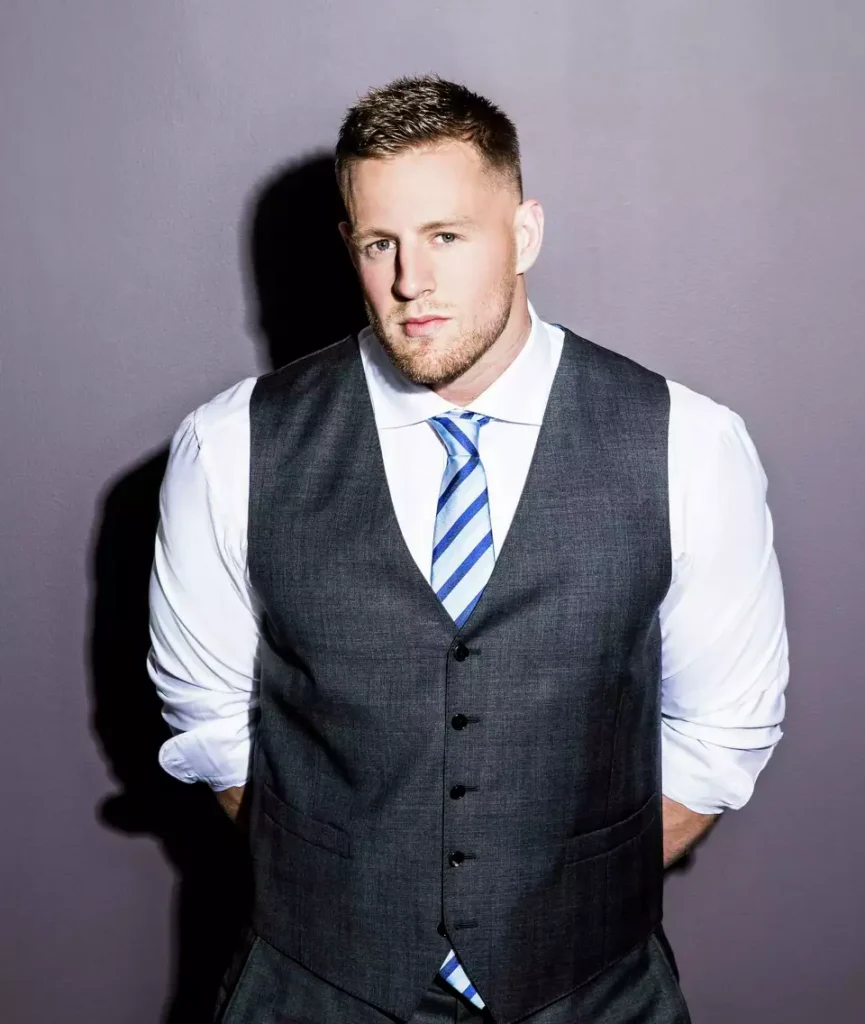 JJ Watt in a Balani Custom charcoal vest.